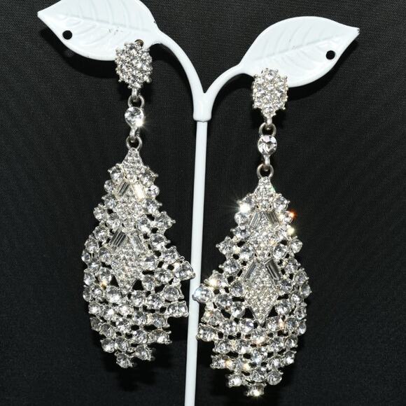 Vintage Long Rhinestone Wedding Earrings, Formal Bling 3 1/2 Inch Posts, 1990s - Picture 4 of 12